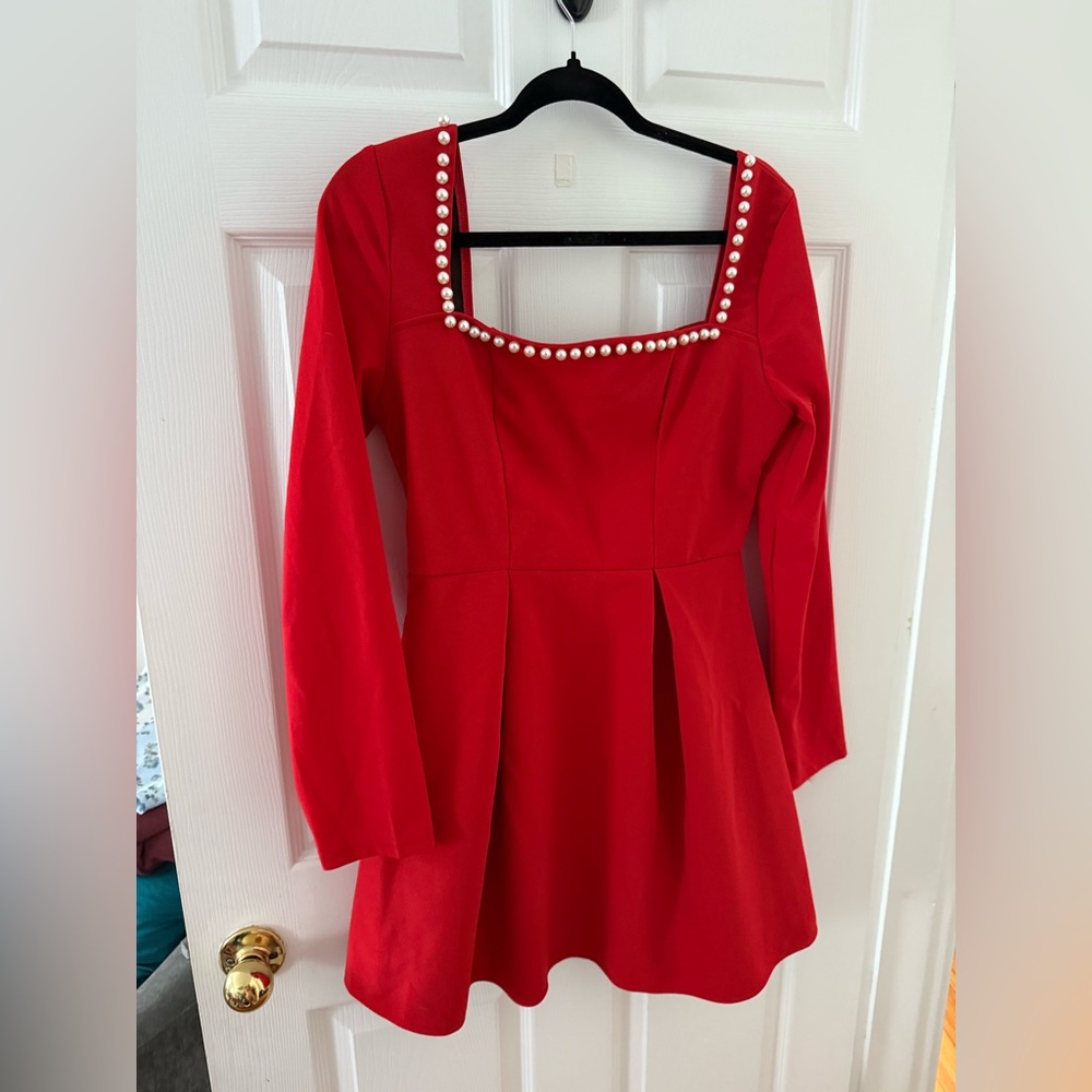 Red Dress with Pearl Neckline Accents